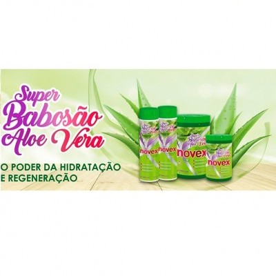Produtos Novex Aloe Vera com folhas de aloe vera e texto promocional