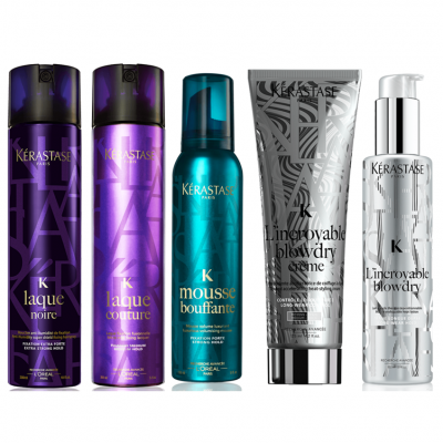 Conjunto de produtos Kérastase para cabelo em embalagens roxas, azul e prateada