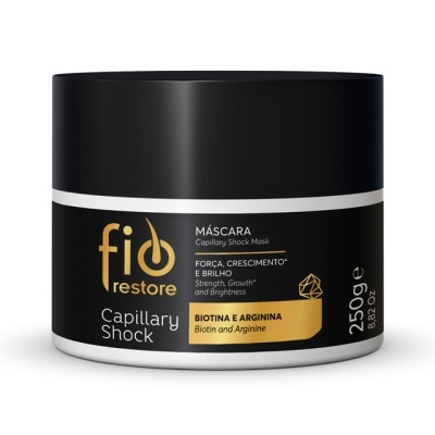 Frasco preto de máscara capilar fio restore Capillary Shock com texto em português e inglês