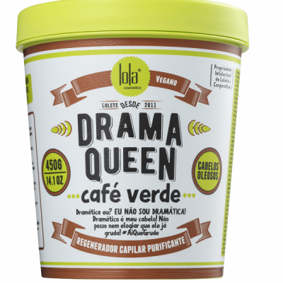 Frasco de Drama Queen café verde para cabelos oleosos com rótulo branco e tampa verde