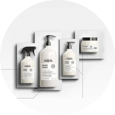 Produtos L'Oréal Metal Detox embalagens brancas com texto preto e dourado