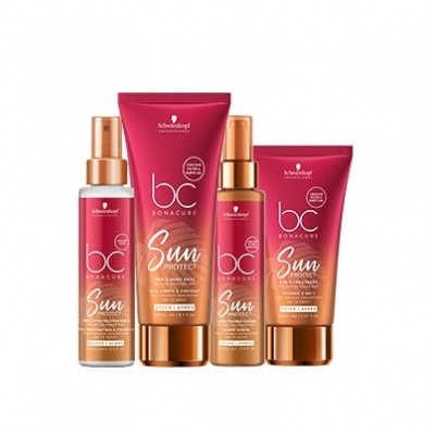 Produtos para cabelo Schwarzkopf BC Bonacure Sun Protect em frascos rosas e dourados