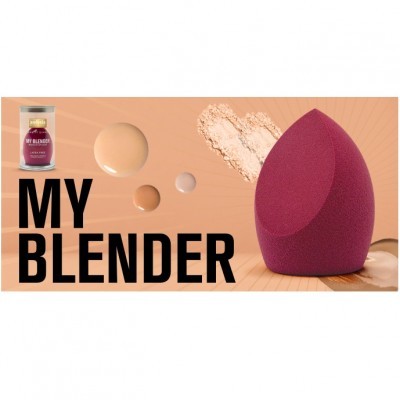 Esponja de maquilhagem vinho com gotas de base e frasco 'MY BLENDER' em fundo castanho