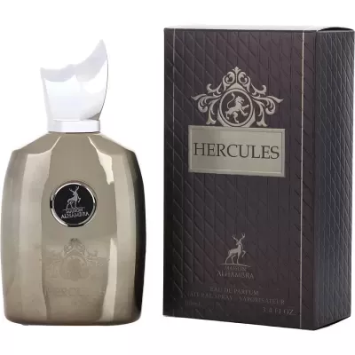 Perfume Hercules com caixa castanha e garrafa castanha clara com tampa branca