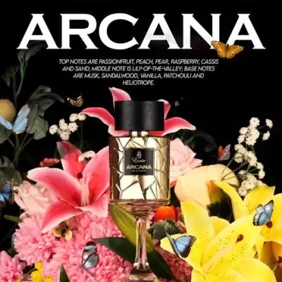 Frasco de perfume Arcana entre flores coloridas com borboletas, texto ARCANA ao fundo