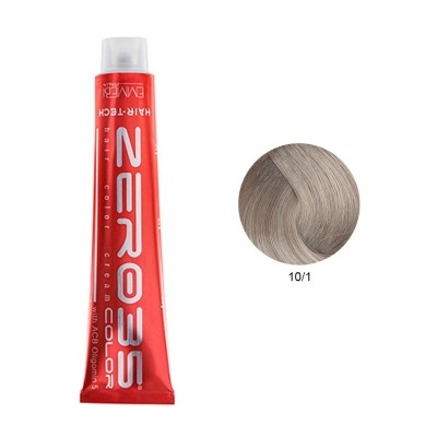 Tubo vermelho de tinta para cabelo com texto branco e amostra de cor cinza