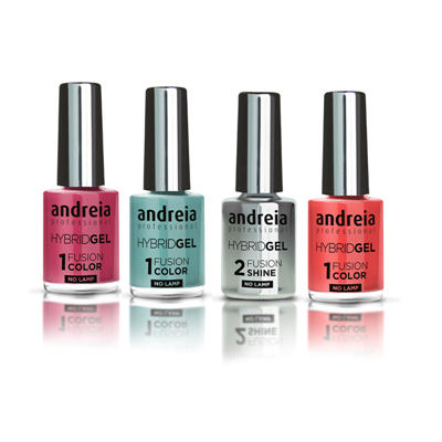 Quatro frascos de verniz nail polish Andreia Professional HYBRIDGEL em diferentes cores