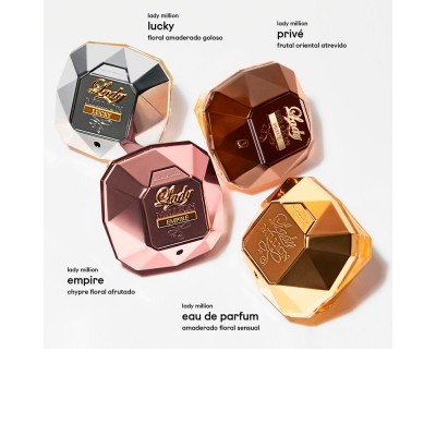 Frascos de perfume Lady Million em formatos de diamante com rótulos pretos e dourados sobre fundo branco