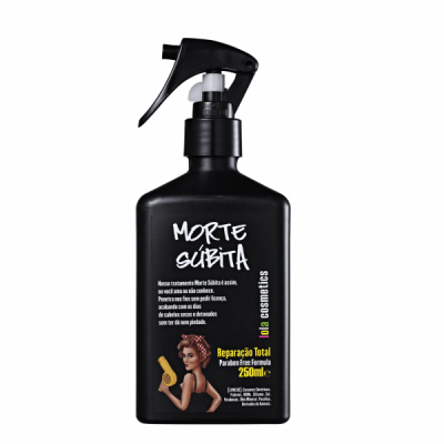 Frasco preto com spray e rótulo com texto e ilustração mulher cabelo encaracolado