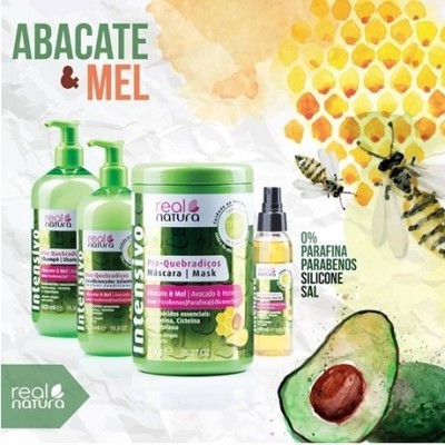 Produtos cosméticos 'real natura' Abacate & Mel com embalagens verdes e rótulos coloridos, favo de mel, abelhas e abacate ao fundo.