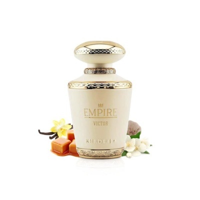Frasco creme de perfume Empire Victor Khadlaj com detalhes dourados e flores e caramelos ao redor