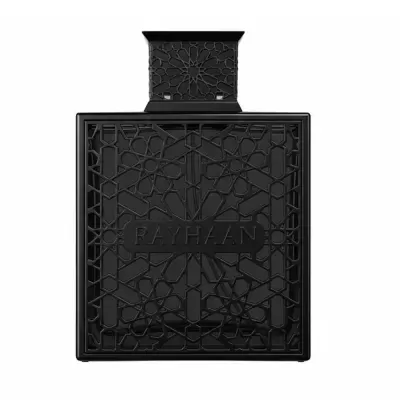 Frasco de perfume preto com padrão geométrico e texto RAYHAAN