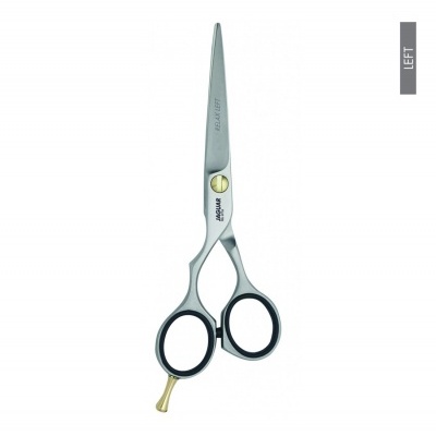 Tesoura de cabeleireiro metálica com alças pretas e apoio dourado para o dedo