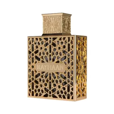 Frasco de perfume dourado com padrão geométrico e vidro escuro