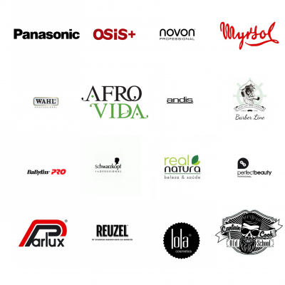 Logótipos de marcas de cosméticos e equipamentos profissionais para cabelo e beleza