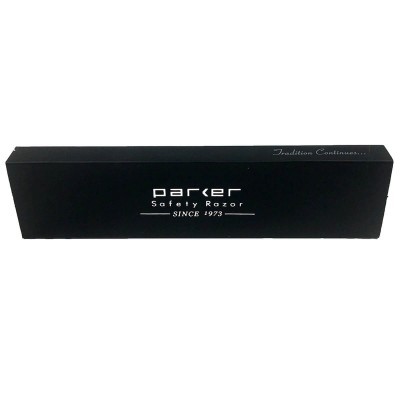 Caixa preta de lâmina de barbear Parker com texto branco