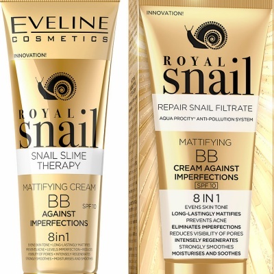 Creme facial Eveline Cosmetics Royal Snail 8 in 1 BB cream embalagem dourada