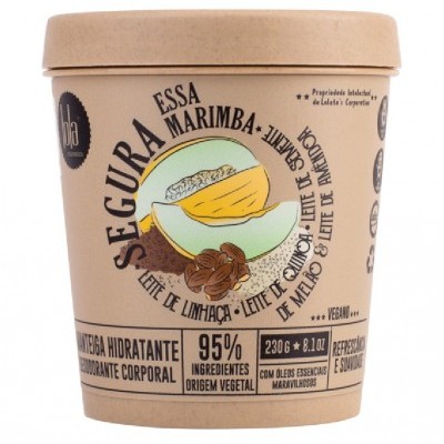 Embalagem de manteiga corporal vegetal SEGURA ESSA MARIMBA com ilustração de fruta e sementes