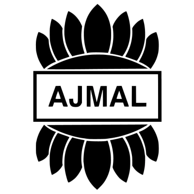 Logótipo preto e branco com folhas e texto AJMAL