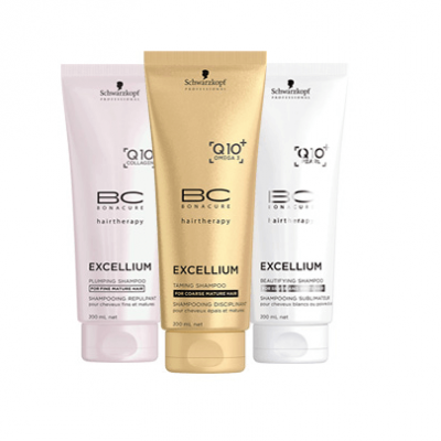 Três tubos de champô Schwarzkopf BC Bonacure Hairtherapy Excellium de cores rosa, dourado e branco