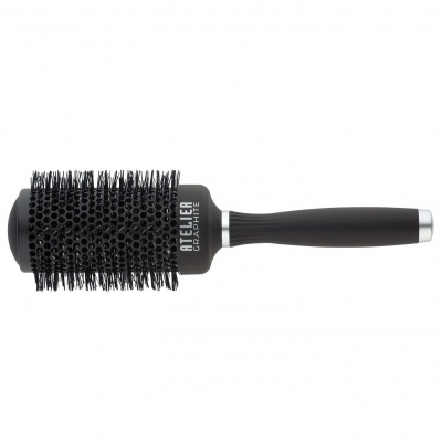 Escova redonda preta para cabelo com corpo ventilado e cabo preto com detalhe prateado