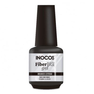 Frasco de gel base para unhas INOCOS Fiber BASE gel branco leitoso com tampa preta