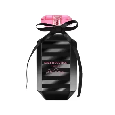 Frasco de perfume preto com tampa rosa e laço preto