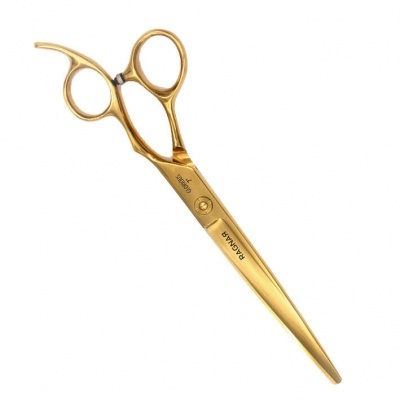Tesoura de cabelo dourada com anéis para os dedos e marcação 'RANOGRA'