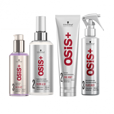 Quatro produtos de cabelo Schwarzkopf OSIS+ com embalagens prateadas e texto vermelho e preto.