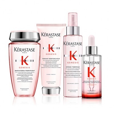 Conjunto de produtos Kérastase Genesis com embalagens transparentes e rosa