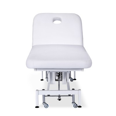 Cama de massagem branca com encosto e orifício para rosto