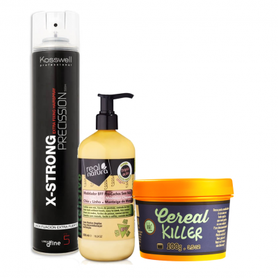 Produtos capilares Kosswell, Real Natura e Cereal Killer num fundo branco