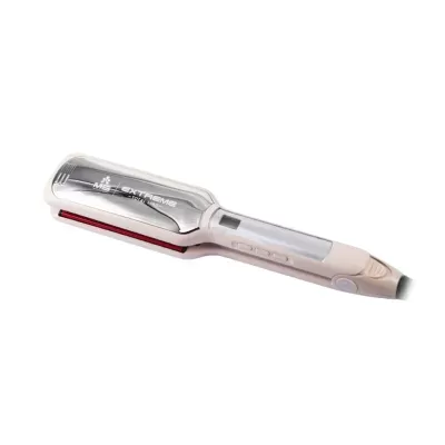 Prancha alisadora de cabelo beige com painel digital e texto MS EXTREME TOTAL LISS.