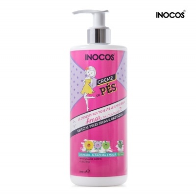 Frasco de creme para pés INOCOS com rótulo rosa e lilás