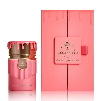 Embalagem de perfume rosa com tampa dourada e caixa rosa com etiqueta preta