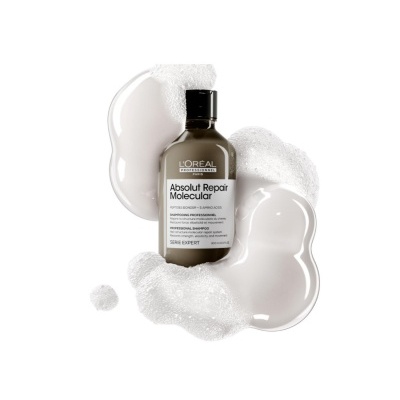 Frasco de shampoo L'ORÉAL Absolut Repair Molecular com espuma branca