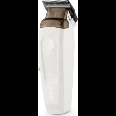 Máquina de cortar cabelo branca com lâmina metálica e acessórios castanhos