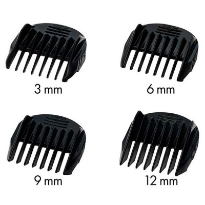 quatro pentes de máquina de cortar cabelo pretos com tamanhos 3, 6, 9 e 12 mm.