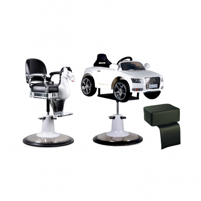 conjunto de cadeiras infantis para cabeleireiro com base metálica e banquinho preto