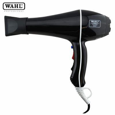 Secador de cabelo WAHL preto com botões azul e vermelho