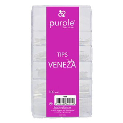 Embalagem transparente com 100 tips de unhas Purple Professional Veneza