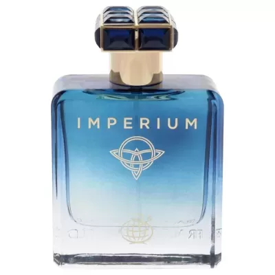 Frasco de perfume azul IMPERIUM com tampa quadrada azul e dourada