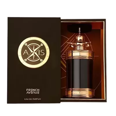 Frasco de perfume preto dourado dentro de caixa preta e dourada com texto AXIS e FRENCH AVENUE.
