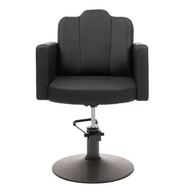 Cadeira de salão de beleza preta em couro sintético com base redonda metálica