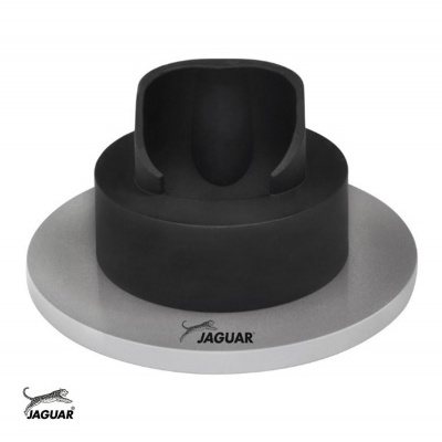 Base redonda preta e cinzenta com texto JAGUAR e logótipo de jaguar