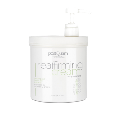 Frasco branco de creme corporal reafirmante postQuam Professional com doseador
