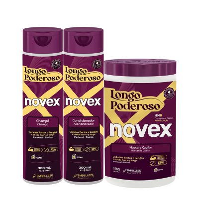 Produtos Longo Poderoso: champô, condicionador e máscara capilar em embalagens roxas e amarelas