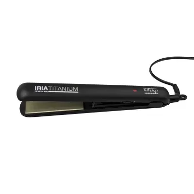 Prancha alisadora preta com placas douradas e texto branco IRIA PROFESSIONAL TITANIUM