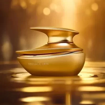 Frasco dourado curvo de perfume com inscrição PINNACE ORYN sobre fundo dourado.