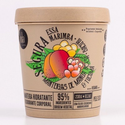 Embalagem de manteiga hidratante corporal com ilustração de frutas tropicais e texto em português.